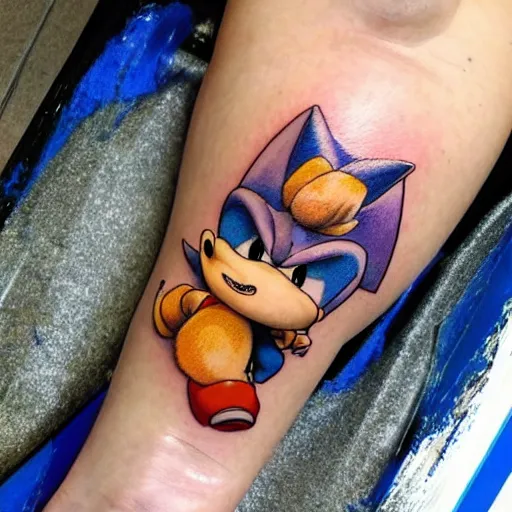 Prompt: photo of the worst sonic the hedgehog tattoo in the world , very detailed