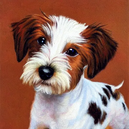 Image similar to a high quality painting of a very cute scruffy wire haired jack russell terrier puppy, white with chocolate brown spots, brown patches over both eyes. friendly, curious expression. painting by norman rockwell