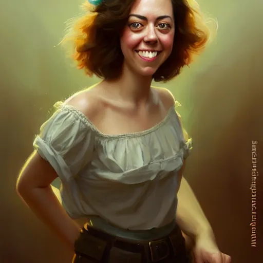 Image similar to portrait painting of aubrey plaza age 2 5, bright and energetic, with a sweet smile and floofy hair, render cinematic lighting art 1 9 2 0 period drama by bussiere rutkowski andreas rocha