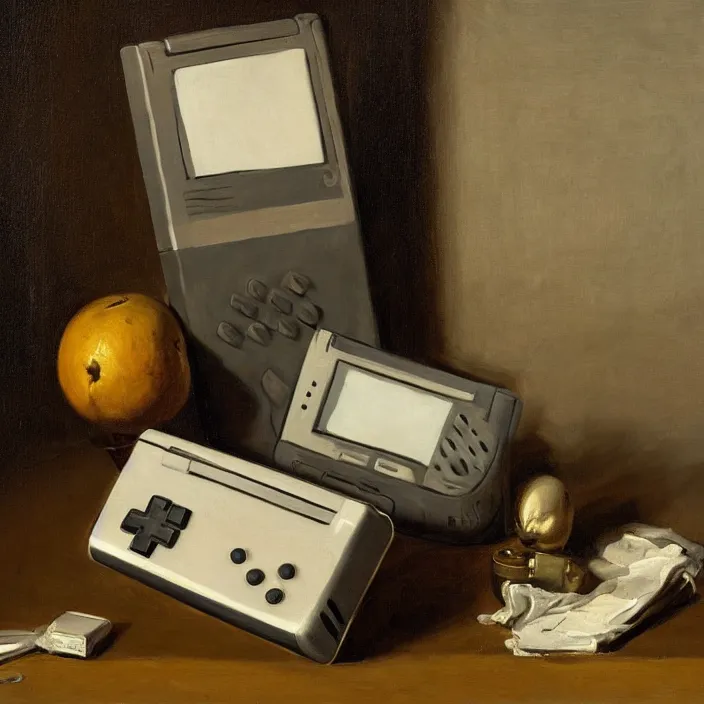 Image similar to still life painting of a gameboy by pieter claesz, oil on canvas, strong lighting, highly detailed, hyper realism, golden hour, god rays, hd, 4 k