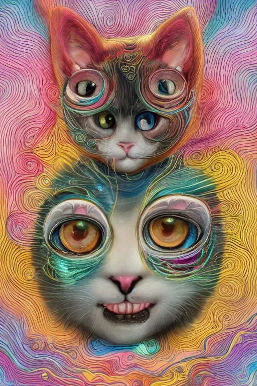 Image similar to Recursive image with a well rounded Calico feline, large eyes, shiny soft fur, anatomically correct, surrounded by swirling wisps of jelly, oil pastels and gold, anime, cartoon, in the style of Victo Ngai, modeled in Poser, Redshift render, UHD