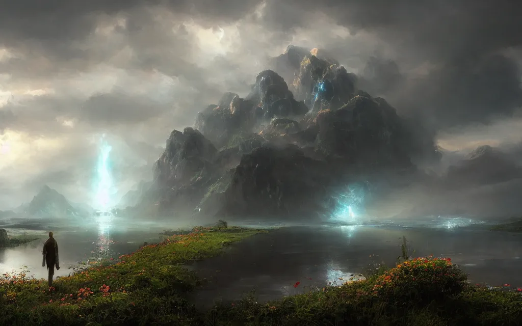 Image similar to ta ha, volumetric lighting, highly detailed, by greg rutkowski, complementing colors, god looking at me, heavy rainy, lofty heavens, holy man looking at ground, water reflection, flowers, hyper realistic, concept art, 8 k detail post - processing