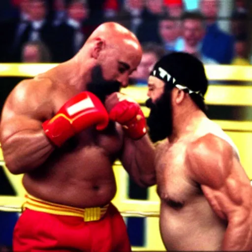 Image similar to wrestlemania dwarf mr t punching hulk hogan