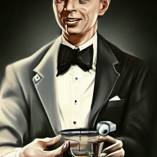 Image similar to perfect composition, subdued color palette, award-winning concept art, detailed digital painting, airbrushed, low contrast: costume design for young Frank Sinatra as a poor 1950s bartender. Volumetric cinematic lighting, great attention to perfect anatomy, special attention to posing, great attention to realistic facial expression, faithful cinematic color scheme, perfectly coherent. In the style of: Greg Rutkowski, Francis Bacon, Syd Mead, Norman Rockwell, Beksinski, Edward Hopper, James Gilleard, Ilya Kuyshinov, WLOP, Stanley Artgerm, Takato Yamamoto, and James Jean.