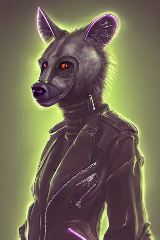 Image similar to digital painting of anthromorphic hyena female, fursona, furry fandom, neon rainy cyberpunk setting, anthro, wearing cyberpunk leather jacket, detailed face,