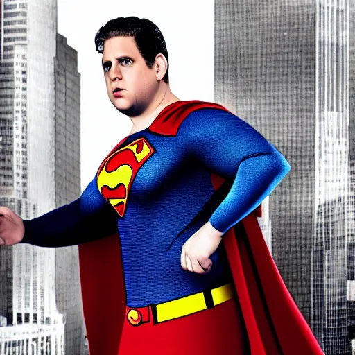 Prompt: Jonah Hill as Superman, movie poster
