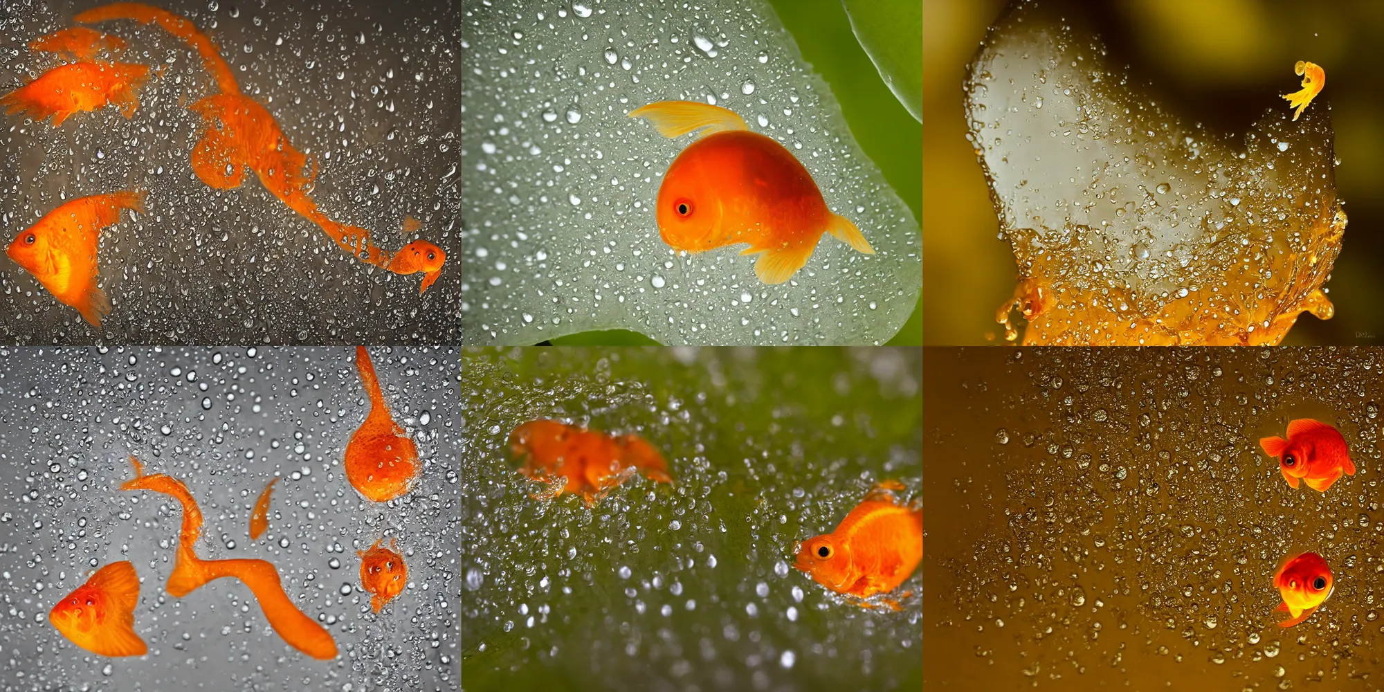 Image similar to extreme macro photography : ( subject = a single water droplet of water on a leaf + subject detail = goldfish encased inside of a water droplet )