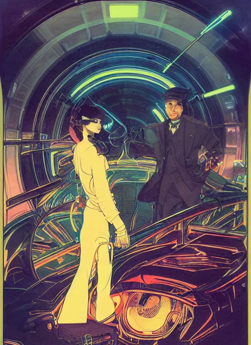 Prompt: portrait of a cyborg boy and a cyborg girl inside a car in the middle of futuristic tokyo at night. diffuse neon light, dramatic landscape, fantasy illustration, matte painting by mucha