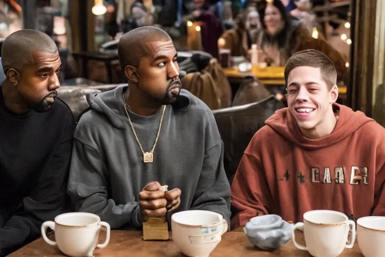 Image similar to Kanye West and Pete Davidson (2022) are best friends, drinking coffee at central perk, still photo, hyperrealistic, 35mm, 8k, by weta digital