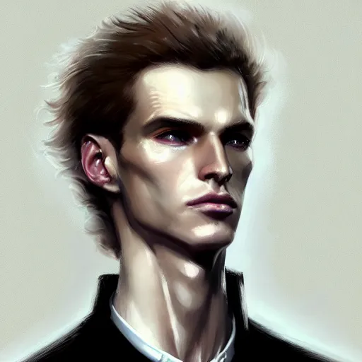 Image similar to Portrait of an androgynous man by Greg Rutkowski, he is about 30 years old, mixture between russian and irish, long fluffy blond curly hair, attractive, extremely pale white skin, smart looking, he is wearing a black futuristic lawyer outfit, highly detailed portrait, scifi, digital painting, artstation, concept art, very very very pale skin, very very long curly blond hair, smooth, sharp foccus ilustration, Artstation HQ