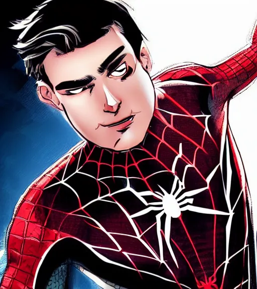 Image similar to very handsome peter parker with his spider suit around his waist, looking seductive, digital art