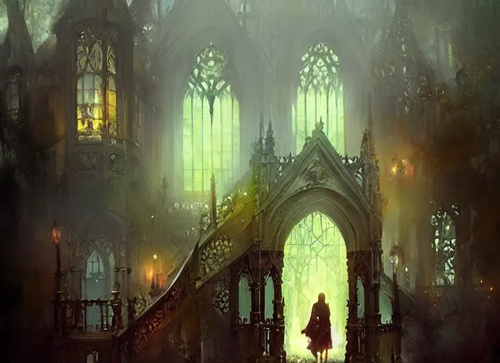 Image similar to gothic mansion, ornate, magical, elegant, artwork, paint, complimentary - colors, bastien lecouffe - deharme, by jeremy mann