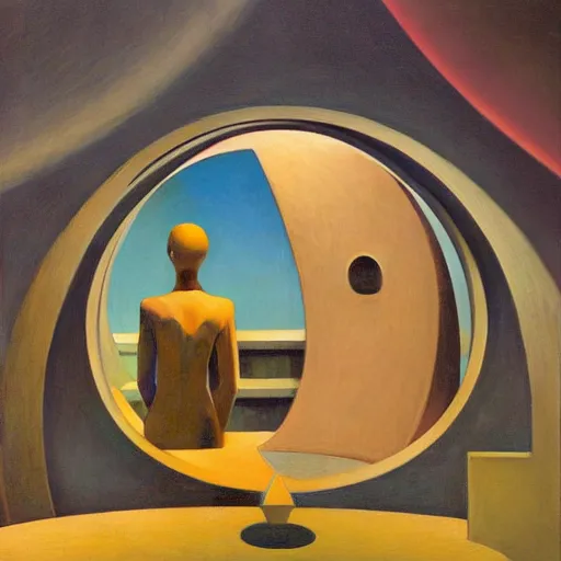 Image similar to three brutalist robotic seers watchers oracles soothsayers inside a dome, pj crook, grant wood, edward hopper, syd mead, oil on canvas