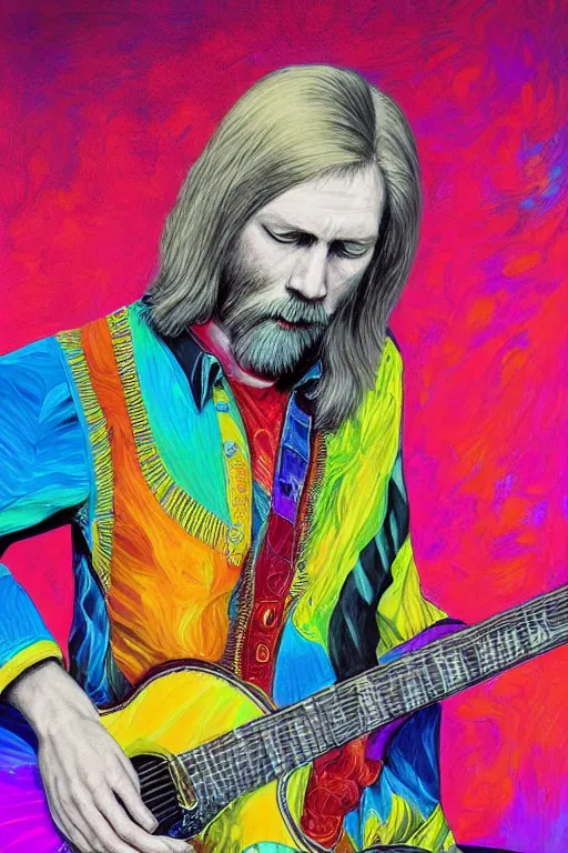 Image similar to a professional painting of Duane Allman, in brightly colored psychedelic shirt, playing a guitar, long hair, beautiful bone structure, symmetrical facial features, intricate, elegant, digital painting, concept art, smooth, sharp focus, illustration, William-Adolphe Bouguerea, epic, stunning, gorgeous, intricate detail, much wow, ultra realistic, photorealism, 4K, masterpiece, trending on artstation