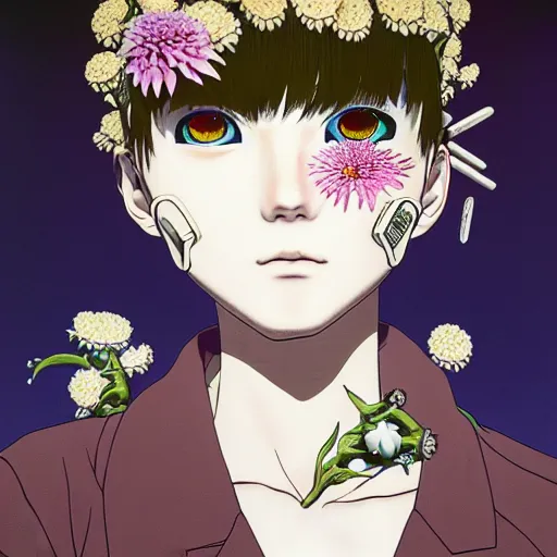 Image similar to prompt: Fragile portrait of singular persona covered with random flowers illustrated by Katsuhiro Otomo, inspired by Ghost in Shell and 1990 anime, smaller cable and cyborg parts as attributes, eyepatches, illustrative style, intricate oil painting detail, manga and anime 1990