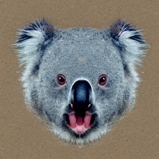 Prompt: Koala Bear with human facial features and fu man chu stache, fearsome stare