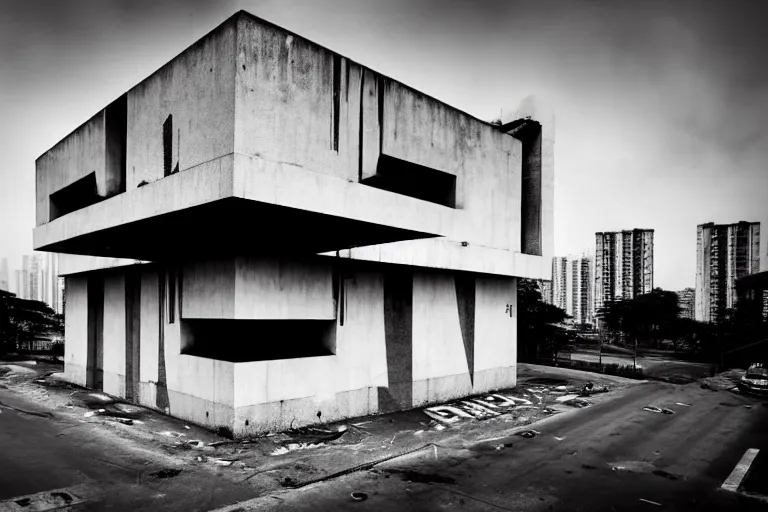 Image similar to photo of bauhaus graffiti on brutalist building in dystopian shenzhen wide angle