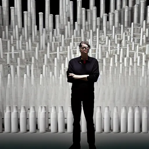 Image similar to bill gates standing in front of a gigantic mountain of realistic syringes by junji ito and francis bacon, hunter s thompson feeling of grimdark, sharp focus, fiction, hyper detailed, digital art, trending in artstation, cinematic lighting, studio quality, smooth render, unreal engine 5
