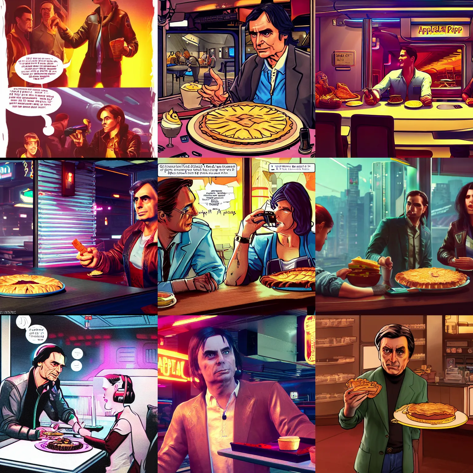 Prompt: carl sagan orders a whole apple pie. cyberpunk 2 0 7 7 style cp 2 0 7 7. 3 8 4 0 x 2 1 6 0 cosmos diner