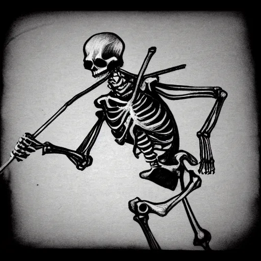 Image similar to pencil sketch of a skeleton sprinting with a cane