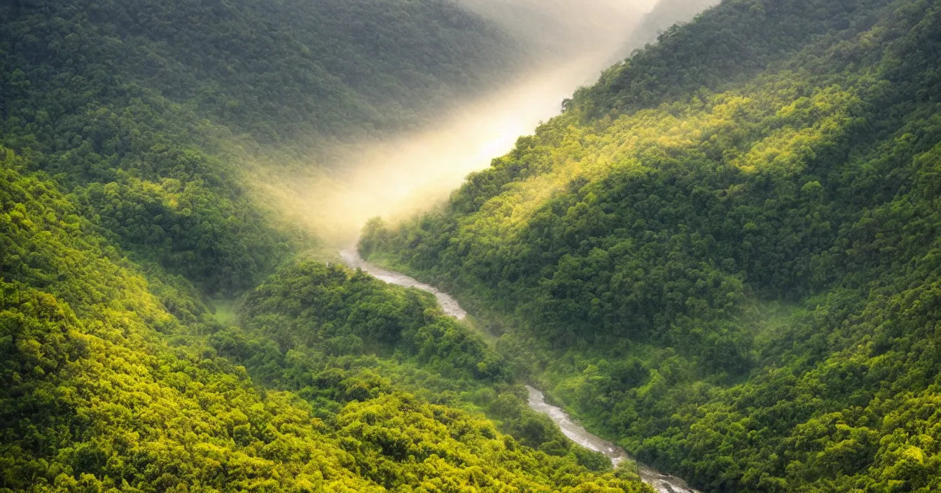 Prompt: erosion channels river, landslide road, green hills savanna tree, mountains background, early morning light fog, heavy grain, high quality,