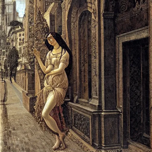 Image similar to intricate, lonely woman in street, detailed, by sandro botticelli, gaston bussiere, h. r. giger, masterpiece, sharp focus,