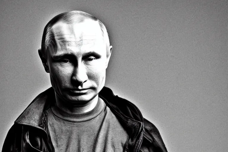 Image similar to putin as a homeless clown. portrait. gritty black and white photograph.