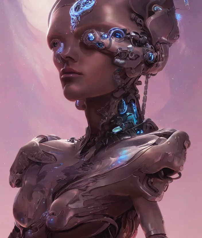 Prompt: A portrait of a cyborg goddess by Wayne Barlowe and Peter Mohrbacher, detailed, sharp, digital art, trending on Artstation