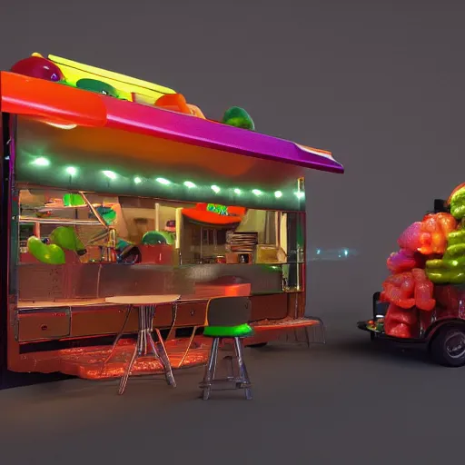 Prompt: medium shot of a a small edible gummi worm candy with cybernetics for sale from a food truck. the candy is displayed with dramatic product lighting, pearlescent. in the background a dim alley is illuminated by the food truck. unreal engine 5, octane 3 d, render.