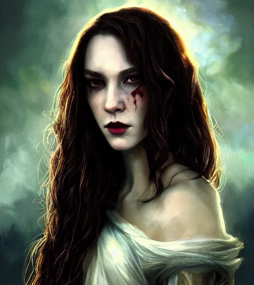 Prompt: majestic gracious!! regal aristocratic!! brunette female vampire portrait, atmospheric lighting, painted, menacing, intricate, volumetric lighting, beautiful, rich deep colours masterpiece, golden hour, sharp focus, ultra detailed, by leesha hannigan, ross tran, thierry doizon, kai carpenter, ignacio fernandez rios