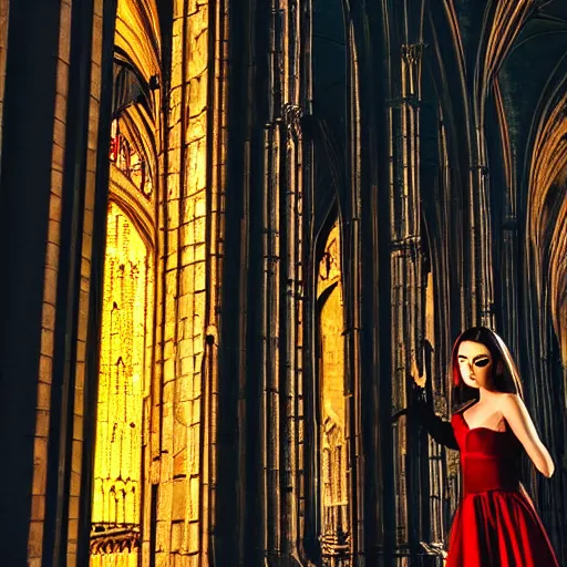 Image similar to 1 8 mm gothic girl dressed in black, behind her a gothic cathedral, dark ambients, the windows of the cathedral are reflecting red flame lights, golden hour, detailed face, intricate ornaments