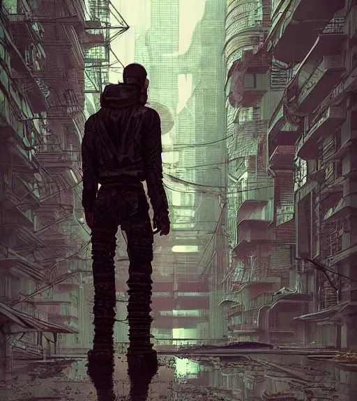 Prompt: a cyberpunk man with mole-like features explores a ruin, techwear, Industrial Scifi, detailed illustration, character portrait, by Martin Grip and Moebius