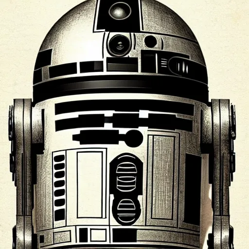 Image similar to a pencil sketch of the droid r 2 d 2 by leonardo davinci, star wars, droid, machine, sketch, da vinci, old masters, paper,