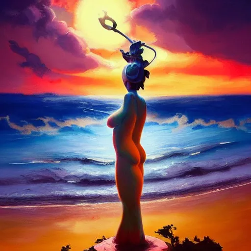 Image similar to colorful peter mohrbacher and andreas rocha impasto!! acrylic painting of a marble statue of a warrior on the shore of a beach with a spectacular sunset overhead. trending on artstation
