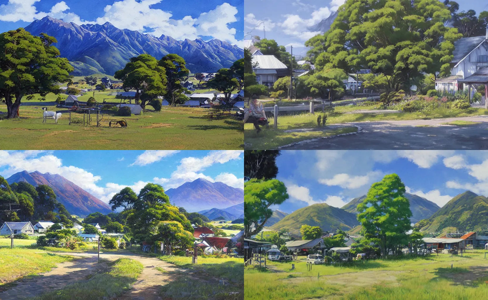 Prompt: a quaint rural New Zealand town, painting by Makoto Shinkai