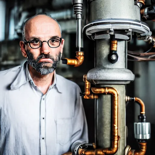 Image similar to A random pointless contraption industrial appliance pneumatic steampunk machine with no apparent purpose, being operated by a scholarly looking man with a clear directed gaze, XF IQ4, f/1.4, ISO 200, 1/160s, 8K, RAW, unedited, symmetrical balance, in-frame