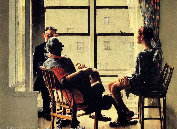 Image similar to a laughing man sitting by the window, a slim woman in the background, norman rockwell