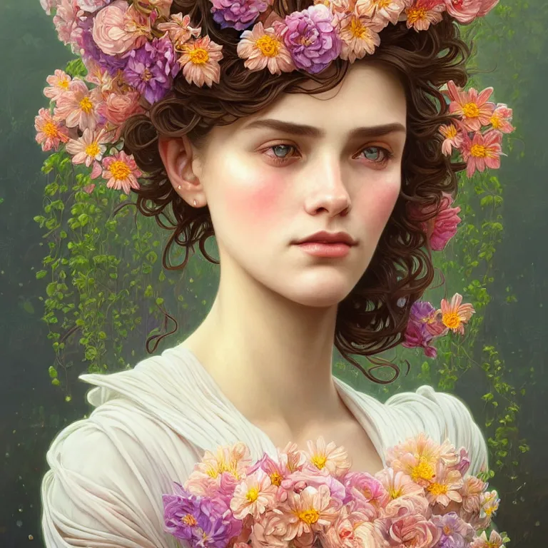 Image similar to full - length portrait!!!! about the beautiful!!!! symmetrical face!! girl, beautiful, cute face decorated with flowers and plants, complex, elegant, highly detailed, digital painting, artstation, concept art, smooth, clear focus, illustration, works by artgerm, greg rutkowski and alphonse mucha, 8 k
