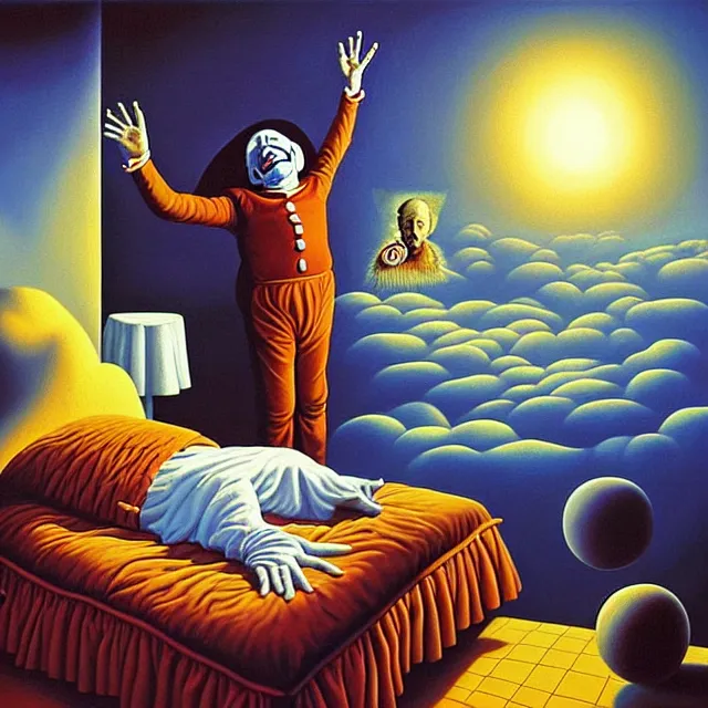 Prompt: an oil on canvas portrait painting of a clown waking up to start a new day, surrealism, surrealist, cosmic horror, rob gonsalves, high detail