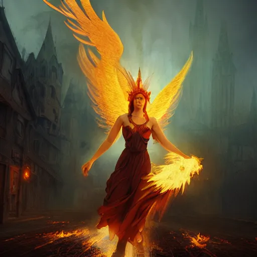 Image similar to Fallen angel as a phoenix in fire, flying through a medieval town by night, buildings in fire, smokes, dark, destruction, post-apocalyptic, DnD character, unreal engine, octane render, dramatic lighting, pond, digital art, by Stanley Artgerm Lau, greg rutkowski, thomas kindkade, alphonse mucha, loish, norman Rockwell