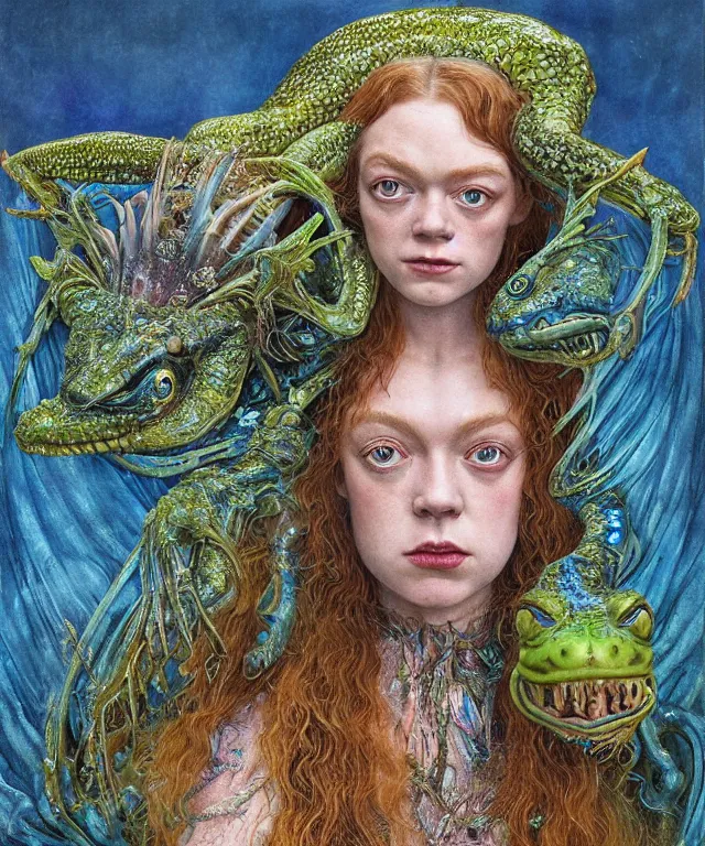 Prompt: a portrait photograph of a fierce sadie sink as an alien harpy queen with blue slimy amphibian skin. she is trying on evil bulbous slimy organic membrane fetish fashion and transforming into a fiery succubus amphibian slug. by donato giancola, walton ford, ernst haeckel, brian froud, hr giger. 8 k, cgsociety