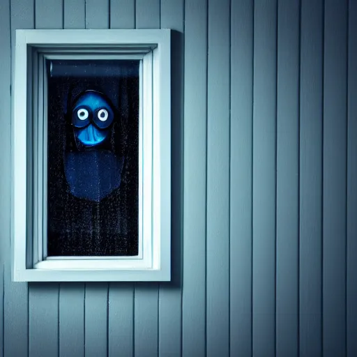 Prompt: photo of dark blue rainy bedroom window at night, creepy face staring in through the window,