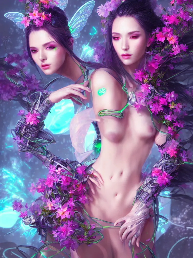 Image similar to half body portrait of a beautiful cyber fairy, in a cyberpunk garden, elegant pose, body covers with neon flowers, realistic digital painting, artgerm, sakimichan, huang guangjian