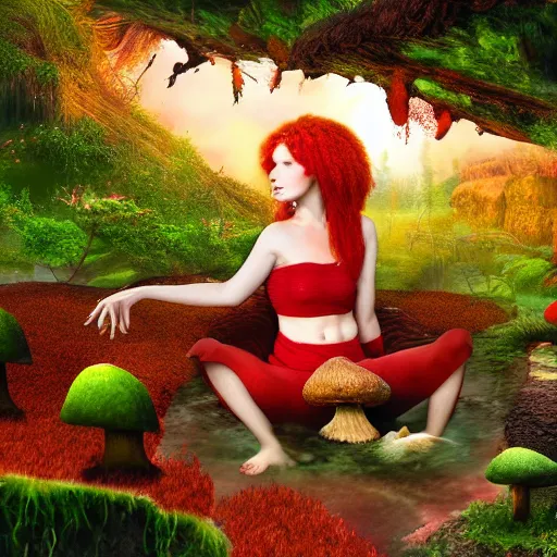 Prompt: a red haired mushroom goddess in an enchanted mushroom garden with waterfalls at sunset