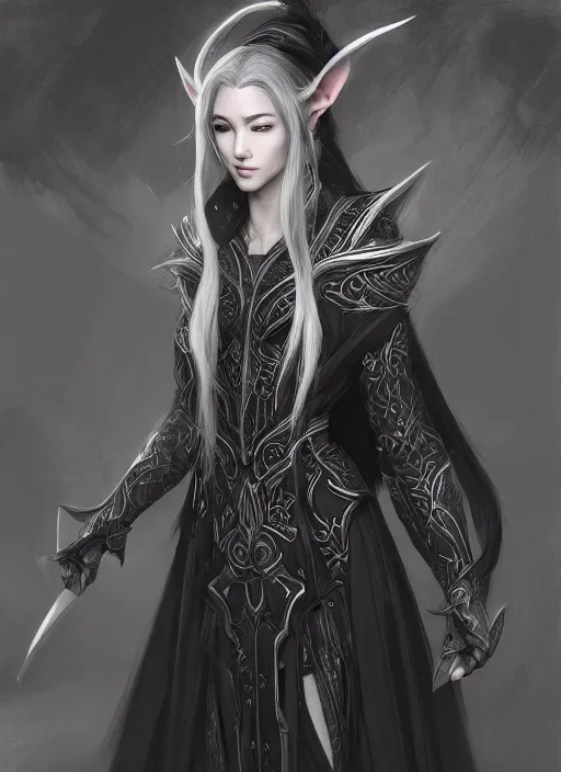 Image similar to A concept art of a beautiful elven female mage in black and gray intricate robe, illusion magic, white and black hair. In style of Hyung-tae Kim, Greg Rutkowski and Larry Elmore, concept art, trending on ArtStation, Korean MMORPG, over-detailed art, 8K, epic, dynamic lightning, dynamic pose, half body portrait.