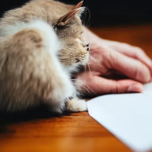 Prompt: a photo of a cat writing the word meow on a notepad