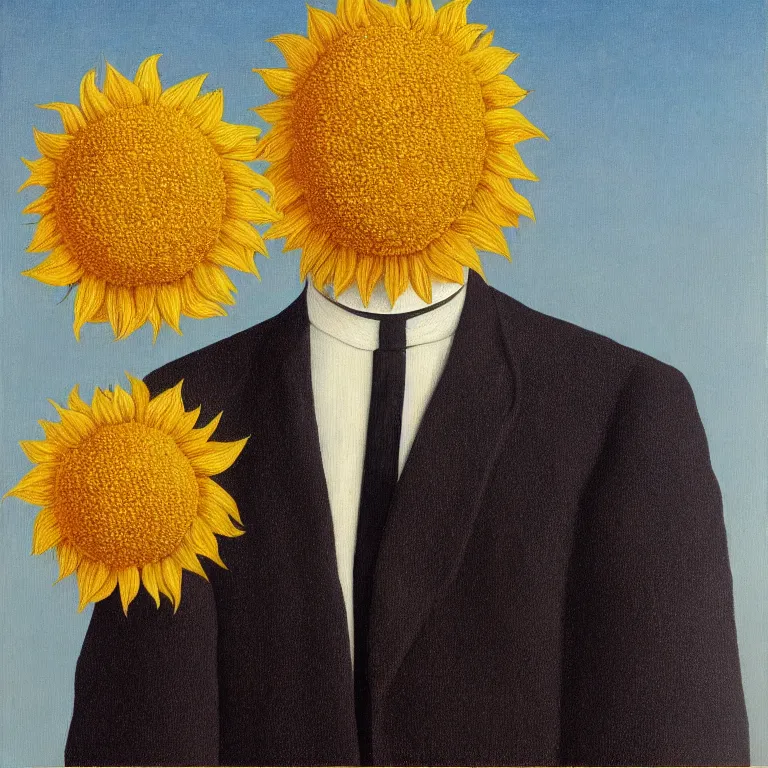 Image similar to portrait of a faceless sunflower - head man in a suit by rene magritte, detailed painting, distance, centered, hd, hq, high resolution, high detail, 4 k, 8 k