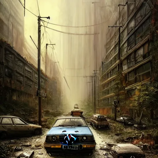 Prompt: postapocalyptic city of munich!!!, wild forest!!! vegetation!!!, small rubble!!, rusty bmw cars!!, hyperrealistic, highly detailed, cinematic, sunny foggy light, beautiful, cgssociety, artstation, 8 k, oil painting by greg rutkowski, by artgerm, by wlop