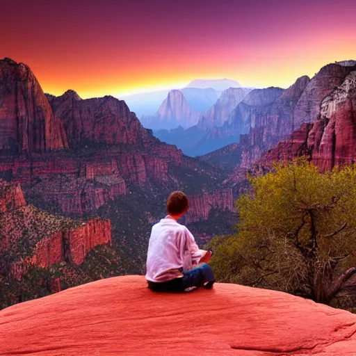 Prompt: award winning cinematic still of teenager boy praying in zion national park, rock formations, colorful sunset, epic, cinematic lighting, dramatic angle, heartwarming drama directed by Steven Spielberg, highly detailed concept art, wallpaper