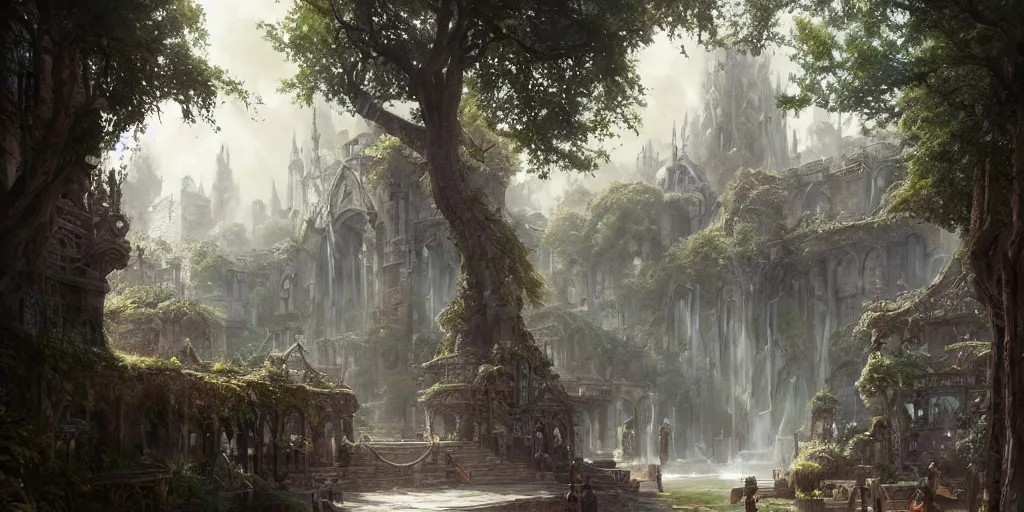 Prompt: A wide open courtyard in a beautiful elven city made of crystal, dreamy, lush trees, fountain, a fantasy digital painting by Greg Rutkowski and James Gurney, trending on Artstation, highly detailed